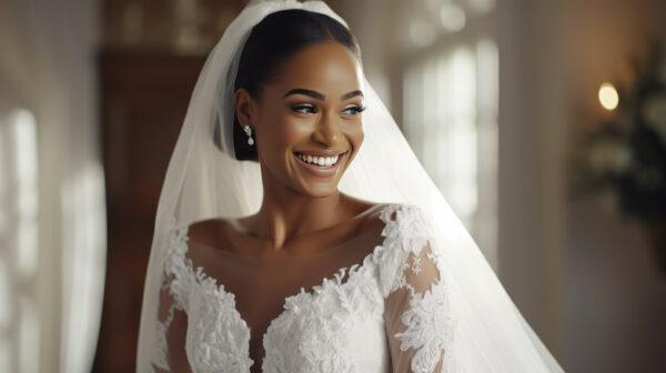 Mariée avec une coiffure en chignon et un voile dans les cheveux