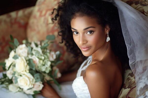 Mariée avec les cheveux bouclés et un voile dans les cheveux