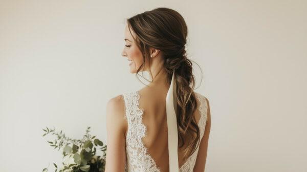 Coiffure champêtre mariage avec queue de cheval sur cheveux ondulés avec ruban